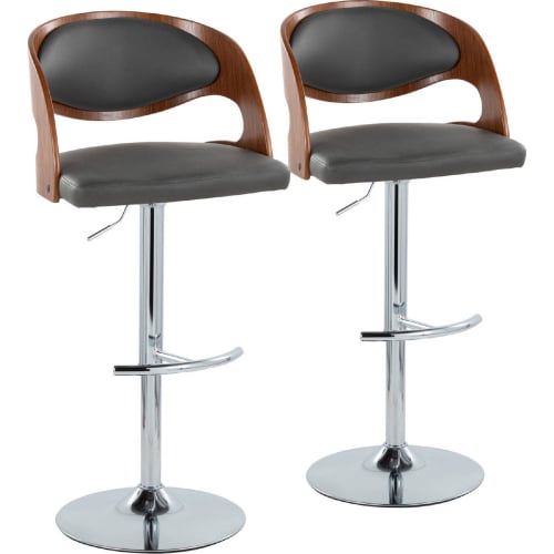 Pino Adjustable Swivel Bar Stool in Chrome, Walnut Wood & Grey Leatherette (Set of 2)